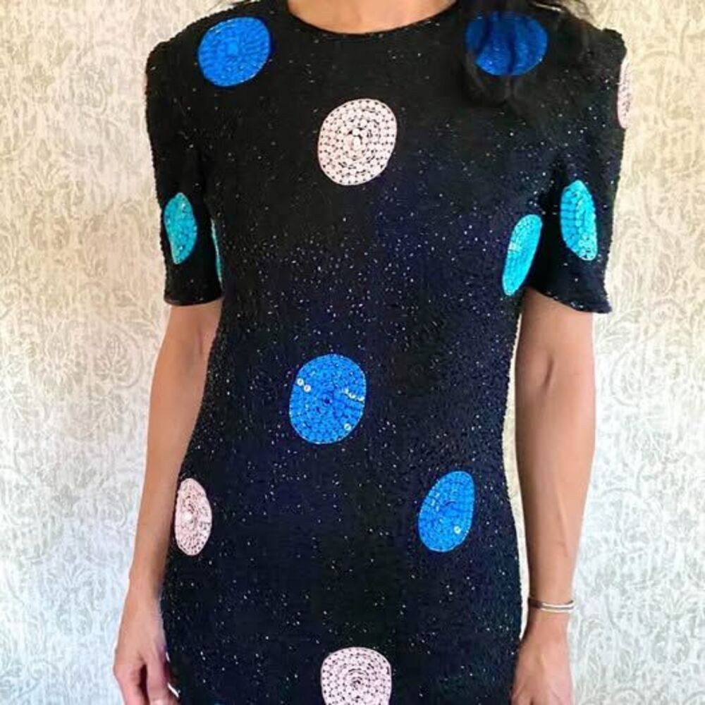 Vintage Silk Sequin Beaded Dress: 80s Cocktail Eveningwear Size Medium